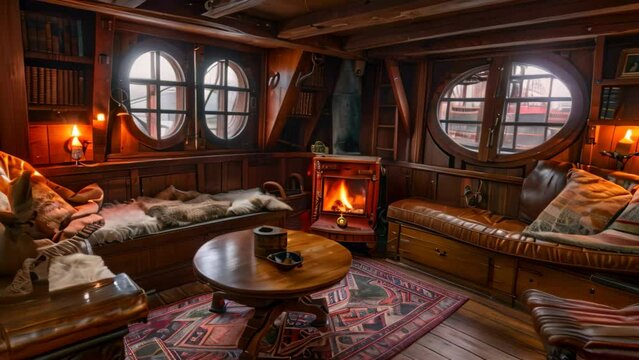A living room filled with furniture and a crackling fireplace, A cozy cabin on a sailing ship, with a crackling fireplace and comfortable seating