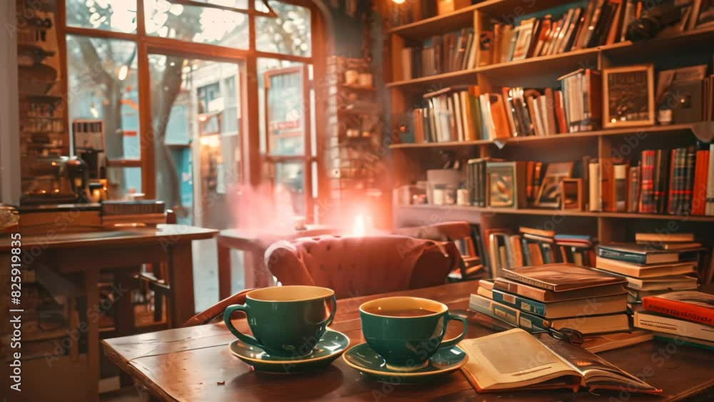 Poster two steaming cups of coffee placed on a table in front of a bookshelf filled with books, a cozy cafe