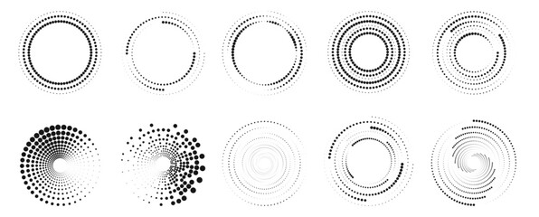 Set of halftone round dotted frames. Design element for frame, logo, web pages, prints, posters, template.	