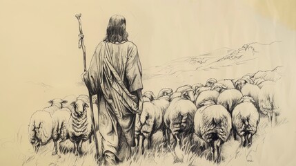 Biblical Illustration of Jesus as the Good Shepherd, Holding a Staff and Leading Sheep