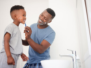 Teaching, bathroom and father shaving with child for growth, development and learning at home....