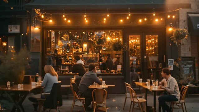 People gathered at outdoor table in front of restaurant, enjoying drinks and conversation, A cozy coffee shop nestled on a bustling street corner