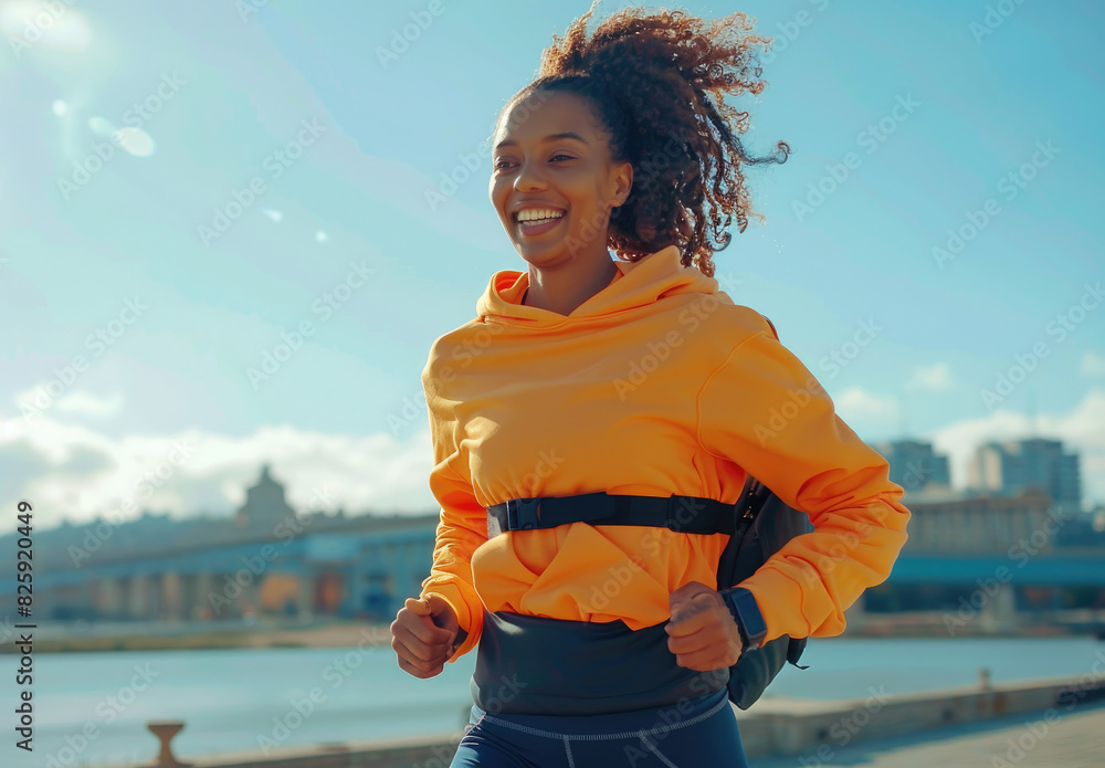 Wall mural a beautiful woman in her late thirties, smiling and running outdoors wearing an orange hoodie with n