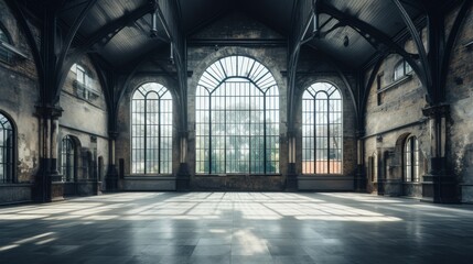 A large, empty building with a lot of glass windows 