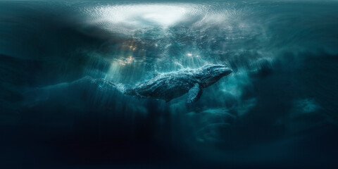Fototapeta premium Blue Whale deep underwater 8K VR