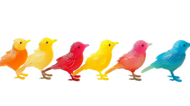 A row of plastic birds in various vibrant colors sitting one on top of the other, creating a stacked formation