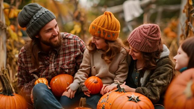 People gathered on stack of pumpkins in a cozy setting, A cozy family gathering in a pumpkin patch