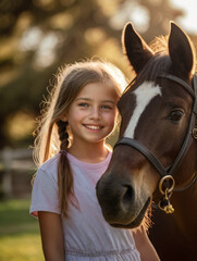 Fototapeta premium Portrait of cute happy smiling little girl with horse on a beautiful summer day. Interacting with horses encourages emotional bonding and can help children develop trust, empathy, confidence and helps