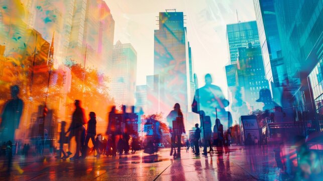 Busy urban environment is seamlessly blended with the silhouettes of people, merging cityscape buildings and human figures to emphasize the vibrancy and interconnectedness of city living.