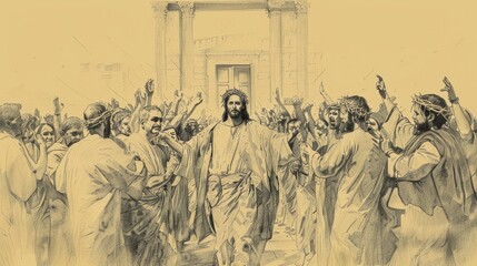 Biblical Illustration of Jesus's Entry, Emphasizing His Victory and Celebration