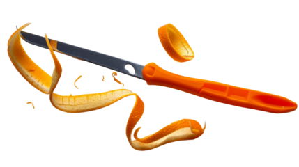 A knife slicing through the skin of an orange, peeling it in precise lines