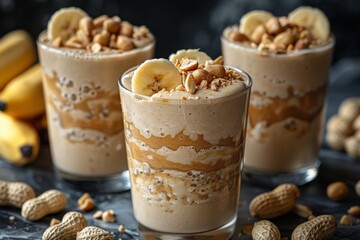Banana Peanut Butter Smoothie - Creamy light brown with banana slices and a sprinkle of crushed peanuts. 
