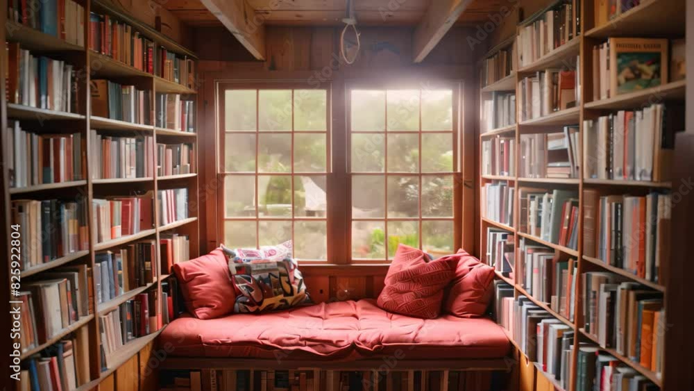 Poster a red couch sits in a library surrounded by rows of books, creating a cozy reading nook, a cozy read