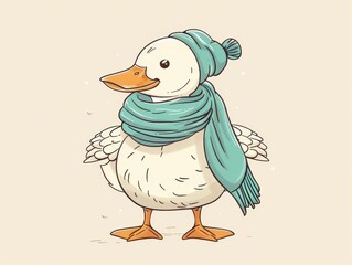 A cute illustrated duck wearing a beanie and scarf on a beige background. Perfect for kids' books, cards, and whimsical designs.