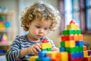 Children playing with toy blocks or colorful with concentration and focus. Little boy building a tower at home or daycare. Educational toys for small children. Messy in the kindergarten playroom