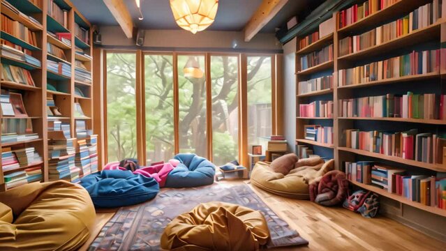 A room packed with numerous books and comfortable bean bag chairs for a cozy reading environment, A cozy reading nook with bean bags and shelves of books