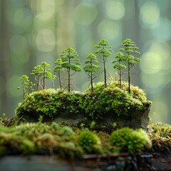 Fototapeta premium Close-up of tiny forest moss and miniature trees growing on a log in a blurred green forest background.