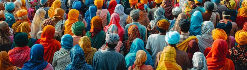 A large crowd of people wearing colorful clothing 