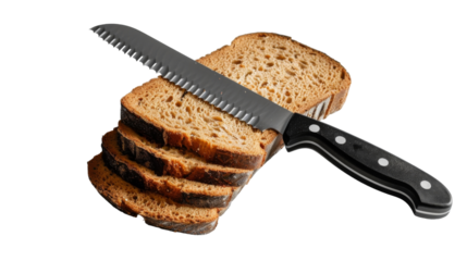 A knife placed beside slices of bread on a white background