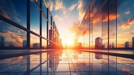 Obraz premium Modern office building or business center. High-rise window buildings made of glass reflect the clouds and the sunlight. empty street outside wall modernity civilization. growing up business