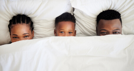 Parents, child and portrait in bed with cover, eyes and relationship from above. Happy black...