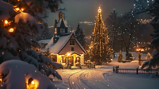 A Christmas tree shines brightly in the snow, creating a festive and wintry scene, A cozy winter scene with twinkling Christmas lights adorning a quaint village