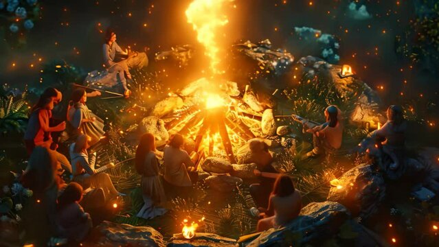 Friends gathered around a crackling bonfire, roasting food outdoors, A crackling bonfire surrounded by friends roasting marshmallows and telling stories