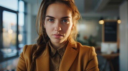Portrait of confident businesswoman looking at camera in office, personal business image photo, business, office, working day, 4k HD wallpaper, background, generated by AI. 