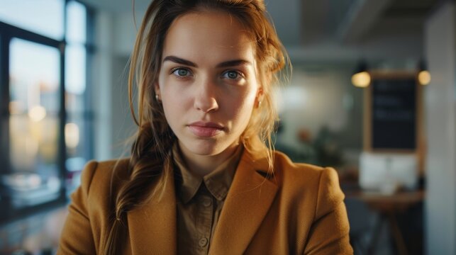 Portrait of confident businesswoman looking at camera in office, personal business image photo, business, office, working day, 4k HD wallpaper, background, generated by AI. 
