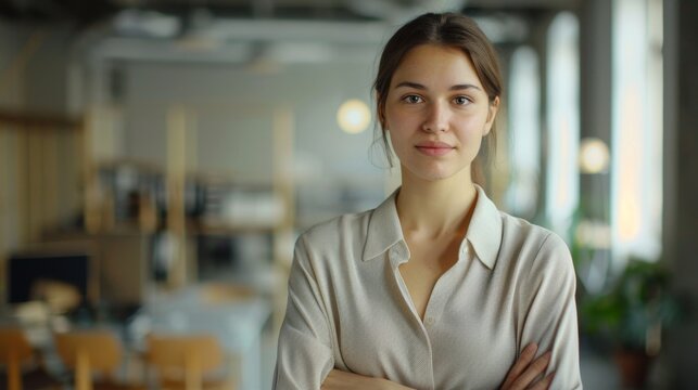 Portrait of confident businesswoman looking at camera in office, personal business image photo, business, office, working day, 4k HD wallpaper, background, generated by AI. 