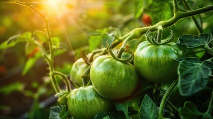 Macro photography of growing fresh unripe tomatoes in a garden