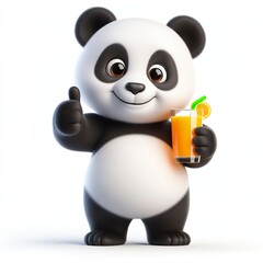 Naklejka premium 3d render standing smiling panda full mascot, holding A glass of juice, showing thumbs up