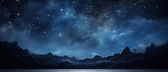 A stunning night sky over a serene mountain range, filled with twinkling stars and dark clouds, capturing the serene beauty of nature and tranquility.