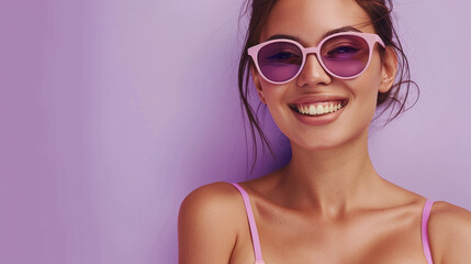 Joyful young woman in a swimsuit and glasses on a purple background