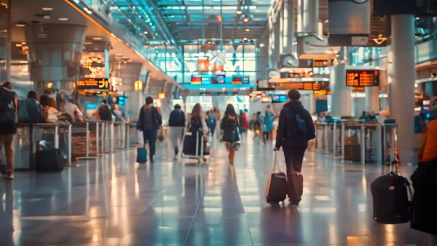 Crowd of travelers walking through a busy airport terminal, A crowded airport terminal filled with travelers hauling luggage and looking for their gates