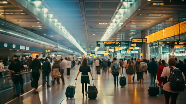 A bustling scene in an airport terminal as a significant number of people walk through, A crowded airport terminal filled with travelers hauling luggage and looking for their gates