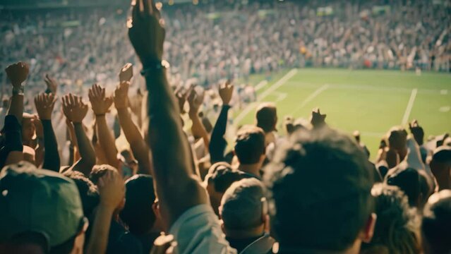 A massive crowd of enthusiastic fans cheering at a sports event, A crowded sports event with fans cheering on their favorite teams
