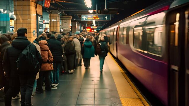 A diverse group of commuters stands on a crowded platform next to a stationary train, A crowded subway platform with commuters rushing to catch their train