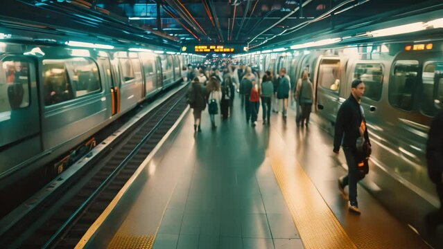 A busy subway platform with a group of commuters walking hurriedly to their destinations, A crowded subway platform with commuters rushing to catch their train