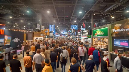 A group of individuals walking amidst crowded booths in a convention hall, A crowded trade show floor with booths showcasing the latest products