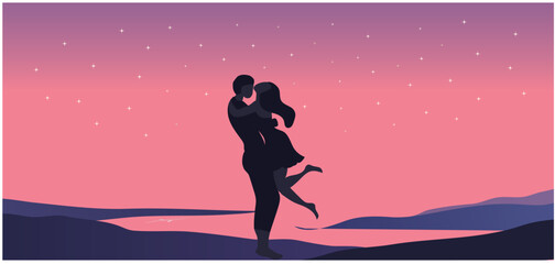 Silhouette of loving couple holding hands on sunset beach background vector illustration. Happy valentine's day concept
