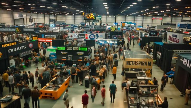 Many individuals standing around booths at a convention hall, A crowded trade show floor with booths showcasing the latest products