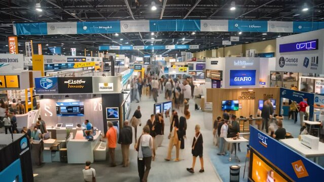 People moving amongst trade show booths in a crowded convention hall, A crowded trade show floor with booths showcasing the latest products