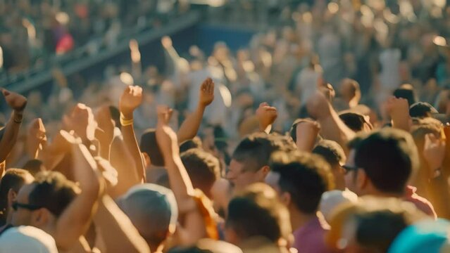 A crowd of people cheering and raising their hands in excitement, A crowd of fans cheering in the stands