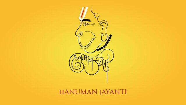 Hanuman jayanti, Lord hanuman animated face with calligraphy on yellow gradient background