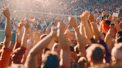A large group of spectators in a stadium are enthusiastically raising their hands in unison, A crowd of fans cheering in the stands