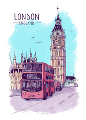 Bigben and red bus in London. Architecture sketch illustration. Hand drawn sketch of London city, Buckingham Palace, UK. Digital Drawing. Travel sketch. Hand drawn postcard. Landscape colorful. Vector