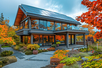 glass house with solar panels on the roof 