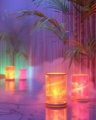 Colorful lanterns illuminate a misty, tropical indoor scene with palm trees and a reflective floor, creating a serene ambiance.