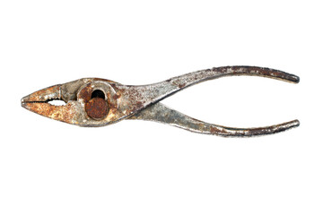 Old rusty pliers on a white background. Close-up of iron pliers.